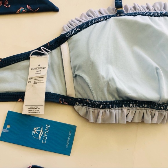 Cupshe Ditsy Floral Smocked Halter Tie Back Bandeau & Mid Rise Bikini Set Size M - Picture 8 of 14